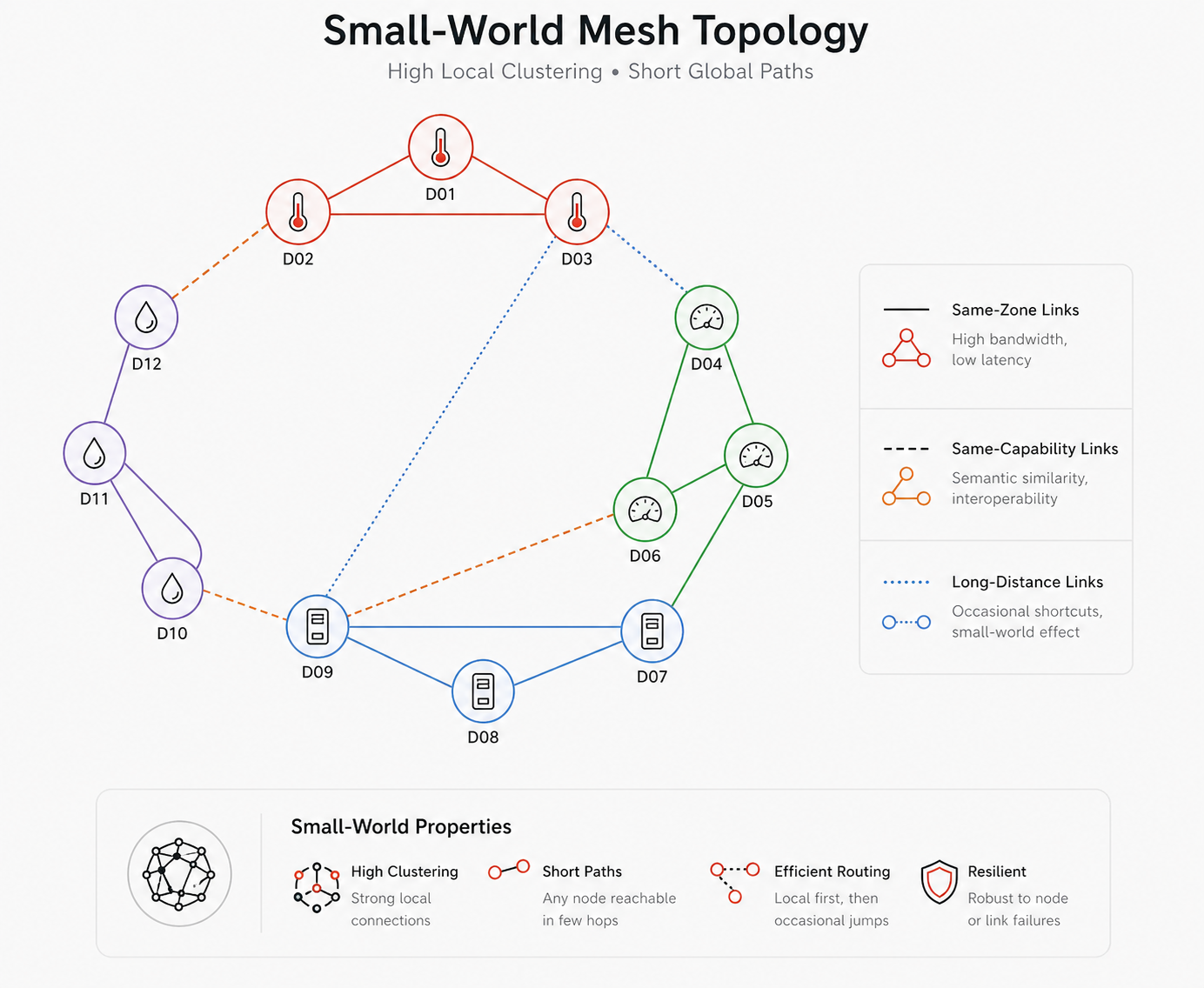 Small-world mesh topology with same-zone, same-capability, and long-distance links